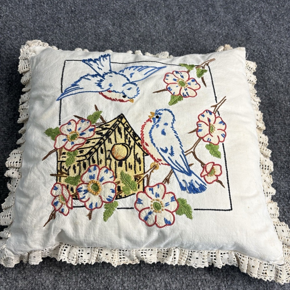 Vintage Hand Embroidered birds Lace Throw Pillow Shabby Chic Cottagecore 15x14